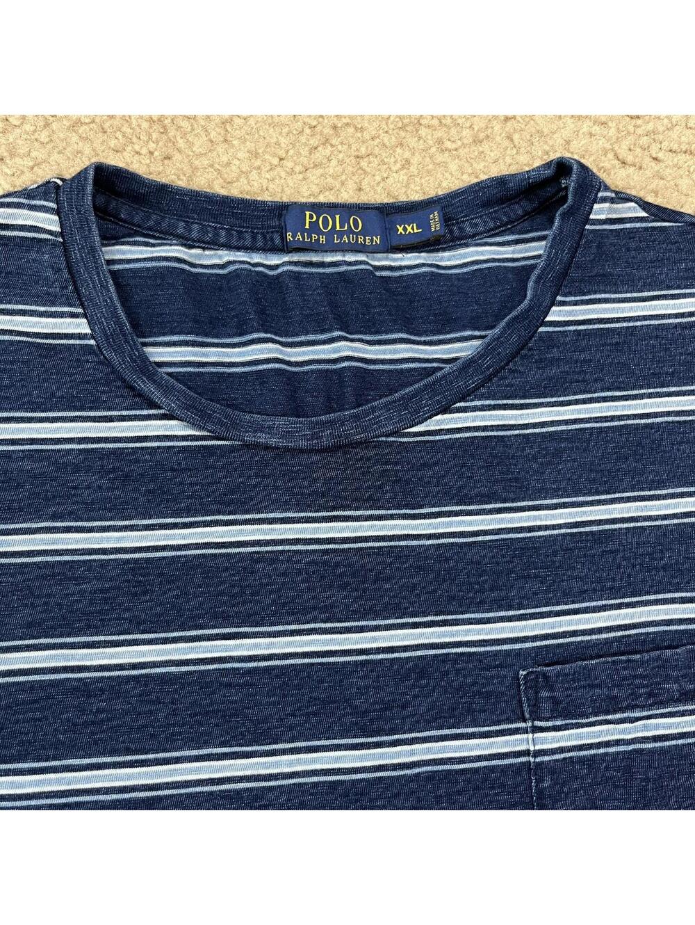 Polo Ralph Lauren Mens Blue Striped Pocket T Shirt Size XXL 2XL - Picture 2 of 6